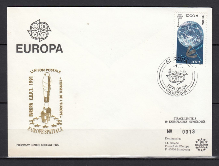 Polonia 1991 - FDC SPECIAL AUR-EUROPA SPATIALA -Tiraj limitat 60 ex. numerotate