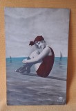 doamna in costum de baie - la malul marii, carte postala veche anii 1920