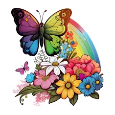 Sticker decorativ, Fluture, Curcubeu si Flori, Multicolor, 68 cm, 1210STK-2