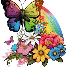 Sticker decorativ, Fluture, Curcubeu si Flori, Multicolor, 68 cm, 1210STK-2