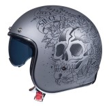 Cumpara ieftin Casca open face pentru scuter - motocicleta MT Le Mans 2 SV Skull &amp; Rose A2 negru/gri mat (ochelari soare integrati) XS (53/54cm)