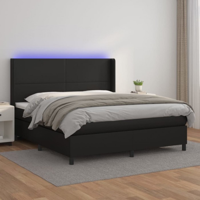 vidaXL Pat cu arcuri, saltea și LED, negru, 180x200cm, piele ecologică 3139277