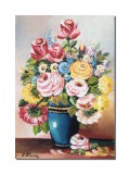 Cumpara ieftin Tablou pictat manual, Vaza cu trandafiri, albastrele si margarete, 50x35cm pictura ulei pe panza, elegant