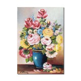 Tablou pictat manual, Vaza cu trandafiri, albastrele si margarete, 50x35cm pictura ulei pe panza, elegant