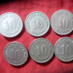 6 Monede 10pf. Germania 1900-1912 Wilhelm II , Stema scut mic , cal. f.buna