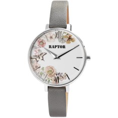 Ceas dama, Raptor, carcasa argintie, cadran design floral, curea piele gri foto