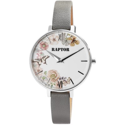 Ceas dama, Raptor, carcasa argintie, cadran design floral, curea piele gri foto