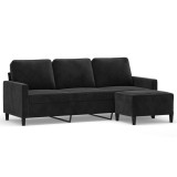 Canapea cu 3 locuri si taburet, negru, 180 cm, catifea