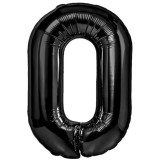 Balon din folie metalizata, flippy, figurina cifra, tema aniversare 80 cm, ambalaj individual, pai inclus, umflare cu aer sau heliu, negru, cifra 0