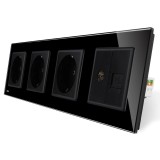 Priza cvadrupla - 3 x priza simpla + 1 x priza TV / internet Livolo VL-C7-C4EU/VC-12, incastrat, contact de protectie, rama din sticla inclusa, negru