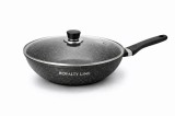 Wok Aluminiu Turnat Royalty Line, 32 cm, Acoperire Marmura, Antiaderent, Capac Sticla, Toate Sursele de Caldura, Negru