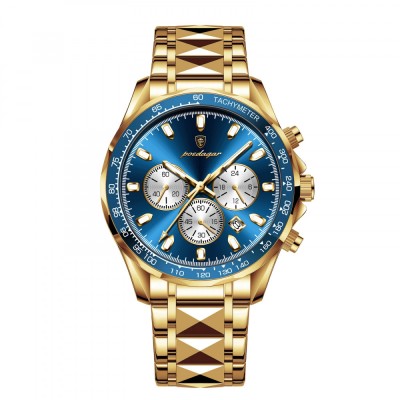 Ceas barbatesc de mana Poedagar Cronograf Fashion Quartz Data Otel Auriu Albastru foto