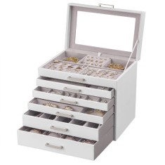 Cutie pentru Bijuterii si Ceasuri, 5 Sertare, Oglinda, MDF si Catifea, 30.2 x 21 x 31.3 cm, Alb