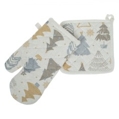 Set Crăciun Manusa și Servet, Model Brazi, Ecru, 2 Bucăți