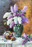 Vase cu liliac şi panseluţe - pictură veche &icirc;n ulei, Flori, Realism