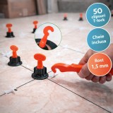 Sistem PRO de nivelare placi ceramice, 50 clipsuri T-Lock, cheie inclusa, rost 1.5 mm