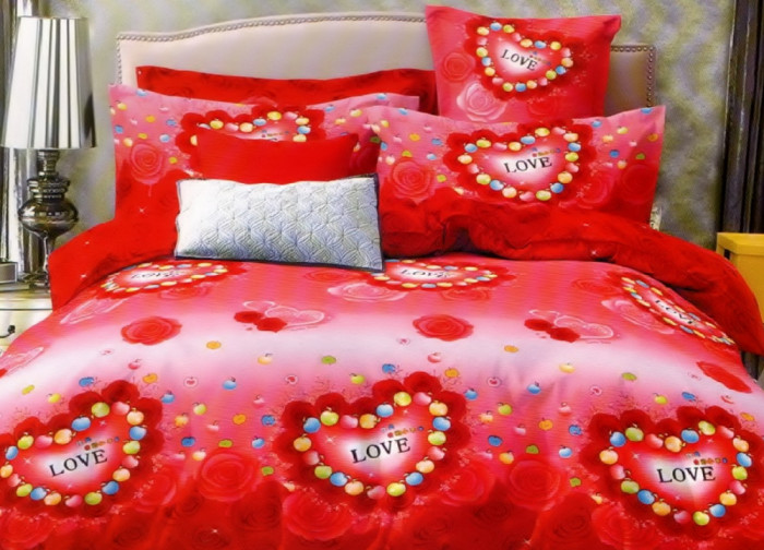 Lenjerie de pat pentru o persoana cu husa de perna dreptunghiulara, True love, bumbac mercerizat, multicolor
