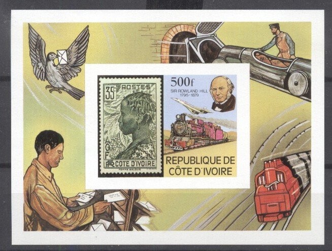 Ivory Coast 1979 Trains, Rowland Hill, imperf. sheet, MNH S.025