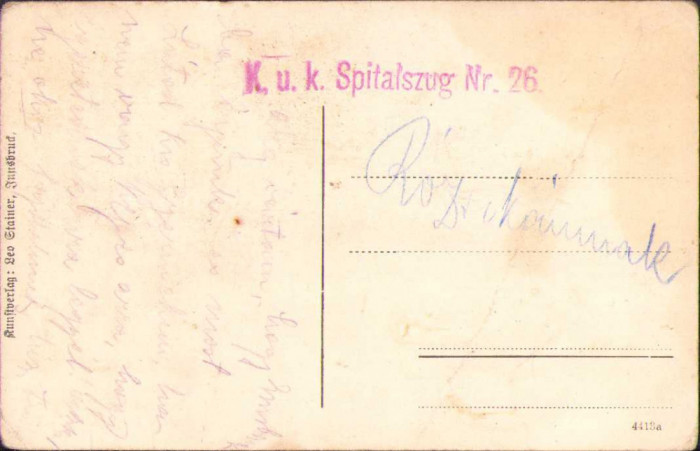 HST CP72 Carte poștală 1918 ștampilă kuk Spitalzug nr 26