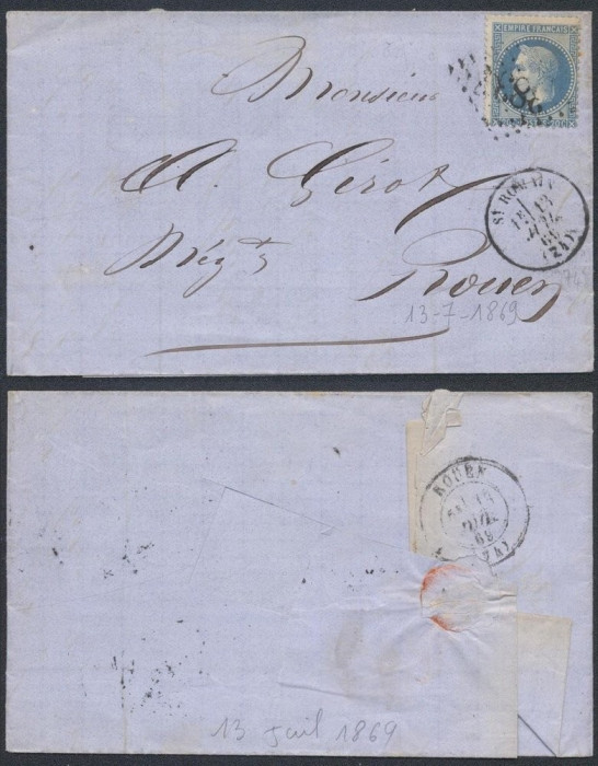 France 1869 Postal History Rare Cover + Content St Romain to Rouen D.1027