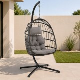 Fotoliu suspendat tip ou, pliabil, cu suport, poliratan PE, cadru metalic, perne incluse, gri antracit, 62x71x195 cm