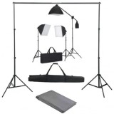 Cumpara ieftin Kit foto studio,3 lumini softbox,suport fundal 2x3m,3x bec 150W, panza fundal gri 2x3m, macara + geanta transport, Dactylion
