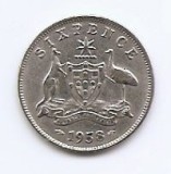 Australia 6 pence 1958 (Elisabeta a II-a) Argint 2.82g/500,19 mm, KM-58