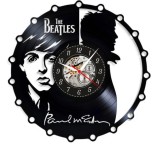 Ceas de perete decorativ realizat din disc de vinil, Model The Beatles Paul McCartney, Rama Perforata, Portret si Semnatura, Skeleton, Negru, 30 cm
