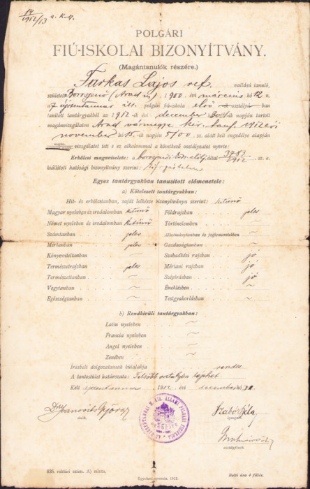 HST A1988 Certificat școlar 1912 S&acirc;ntana Arad Ineu