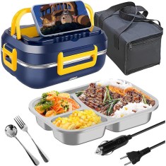 Cutie alimentara electrica 2-in-1, cu suport pentru telefon, cutie de pranz electrica, incalzitor portabil de alimente pentru casa sau masina, cu pung