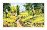 Tablou peisaj rural pictat manual, Amintiri de la bunici, 100x60cm ulei pe panza Constantin Feraru