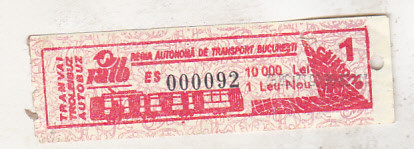 bnk div RA Bucuresti - bilet de calatorie 2005- 10000 lei vechi - 1 leu nou