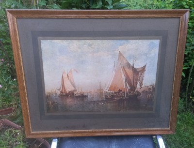 Tablou vechi litografie, barci in port Venezia foto