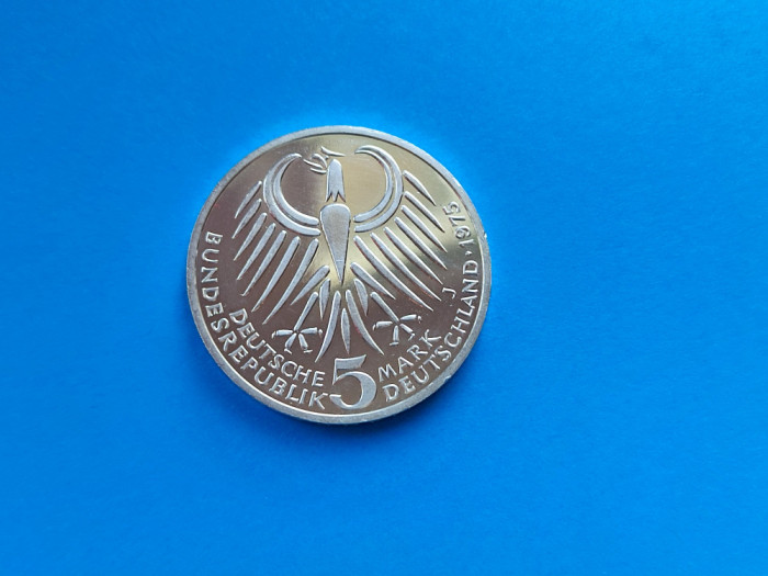 5 Mark 1975 lit. J-Germania-AUNC-UNC--Argint- luciu de batere