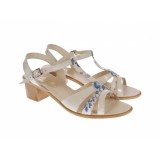 Sandale dama de vara cu toc de 5 cm, din piele naturala lacuita, bej cu floricele, S21LACBEJ