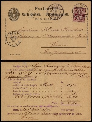 Switzerland 1892 Uprated postcard stationery Basel to Ghent Belgium DB.132 foto