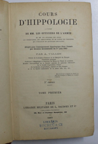 COURS D &#039;HIPPOLOGIE A L &#039;USAGE DE MM. LES OFFICIERS DE L &#039;ARMEE par A. VALLON , 1889