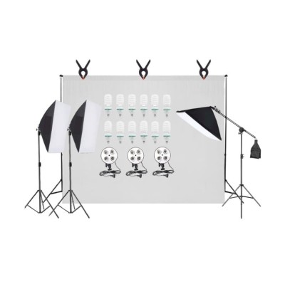 Kit studio foto-video special pentru fotografii de inalta calitate, 3 lumini softox, 12 becuri foto 150W, suport fundal reglabil 2x3m, macara si panza foto