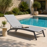 Sezlong pliabil reglabil pentru terasa, balcon si piscina, textilena gri