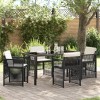 Set de dining pentru gradina Gossi 5 piese cu perne negru ratan poliester, masa de gradina Gossi neagra 140x80x73 cm sticla temperata
