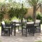 Set de dining pentru gradina Gossi 5 piese cu perne negru ratan poliester, masa de gradina Gossi neagra 140x80x73 cm sticla temperata