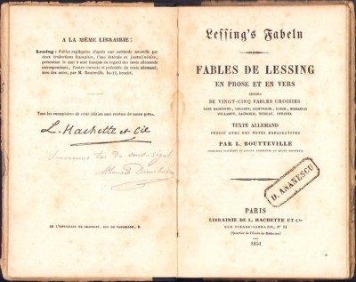 HST 136SP Ștampilă personală Dimitrie Anania pe carte 1851 Fables de Lessing foto