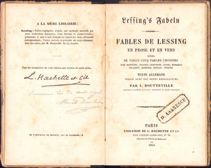 HST 136SP Ștampilă personală Dimitrie Anania pe carte 1851 Fables de Lessing