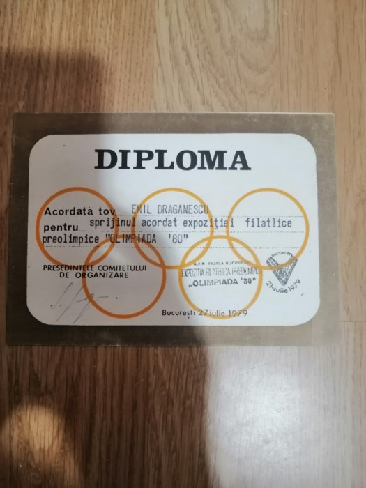 Diploma acordata lui Emil Drăgănescu - expozitia filatelica Olimpiada 1980