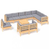 Set mobilier de gradina cu perne, 11 piese, gri, lemn masiv pin