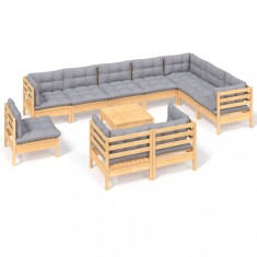 Set mobilier de gradina cu perne, 11 piese, gri, lemn masiv pin