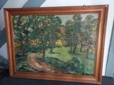 Tablou vechi pictura ulei pe panza peisaj padure semnat C. Ciolan, anii 80, 122x93 cm