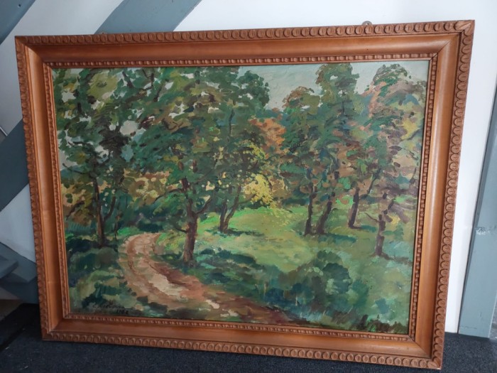 Tablou vechi pictura ulei pe panza peisaj padure semnat C. Ciolan, anii 80, 122x93 cm