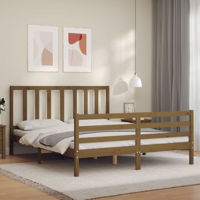 vidaXL Cadru de pat cu tăblie, maro miere, 160x200 cm, lemn masiv