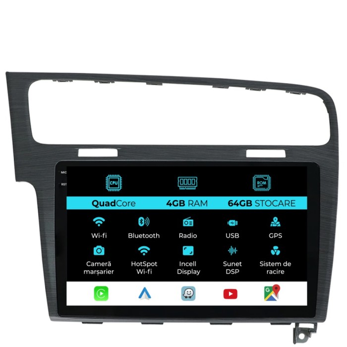Navigatie Dedicata Volkswagen Golf 7 (2013-2020),QuadCore, 10Inch, 4Gb Ram, 64Gb Stocare, Carplay